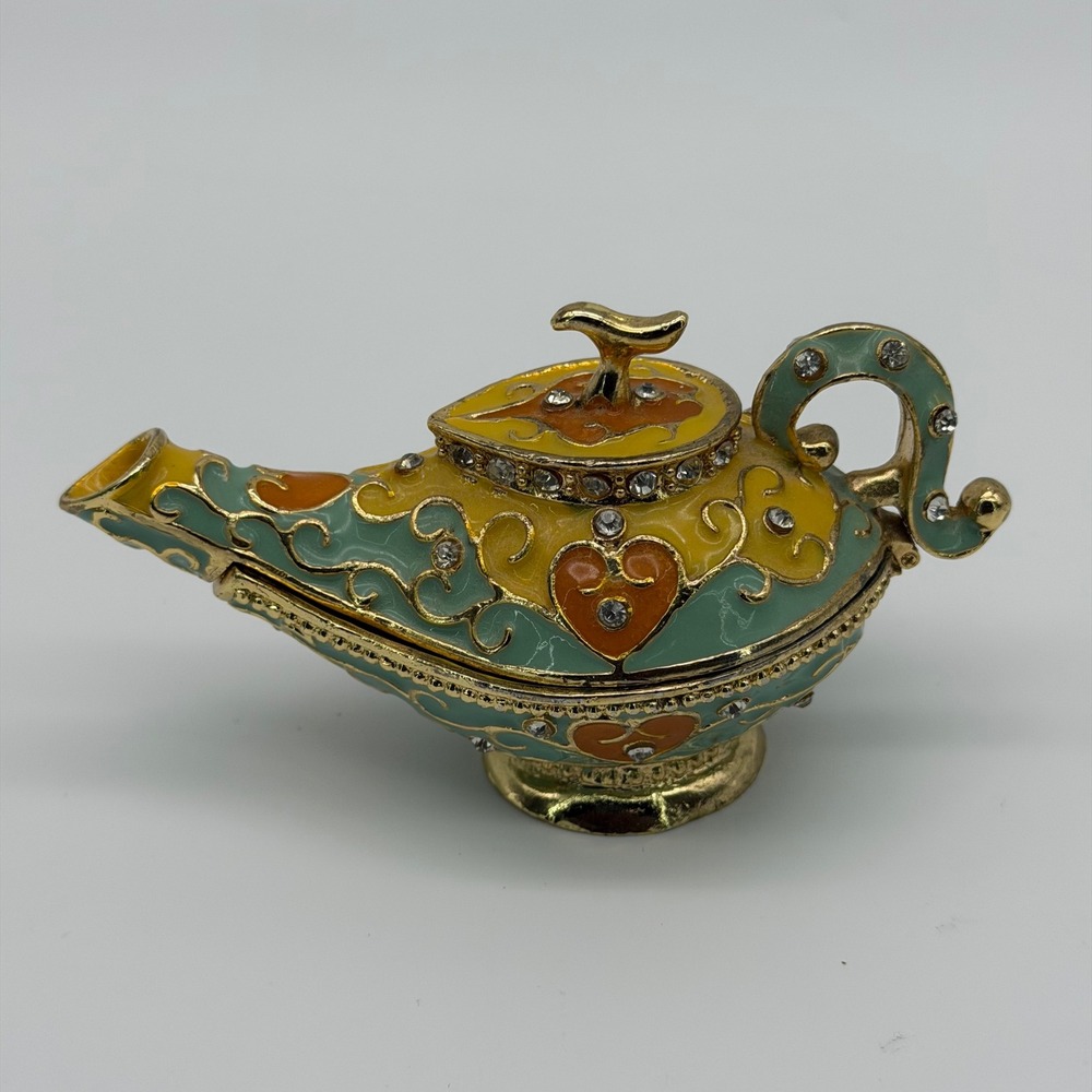 QIFU Aladdin Lamp Colorful Enamel Bejeweled Hinged Trinket Box Magnetic Close